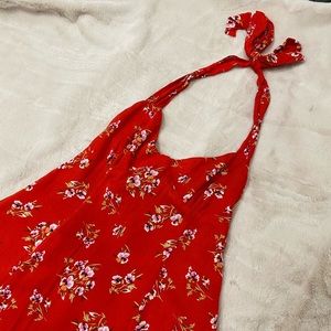 Red floral halter tie back mini dress